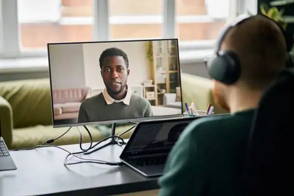 Man attending online mediation Swinton MIAMS session